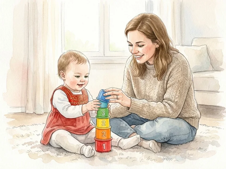toddler 1 year old playing with stacking cups colorful toys parent