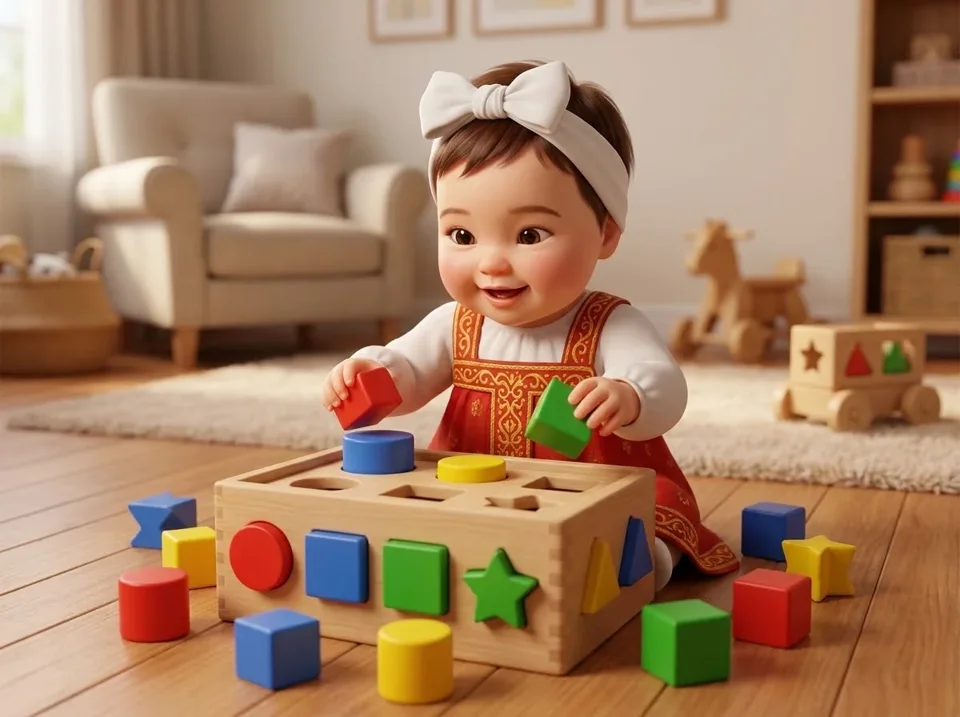 two year old toddler sorting large colorful blocks and shapes on floor educational play