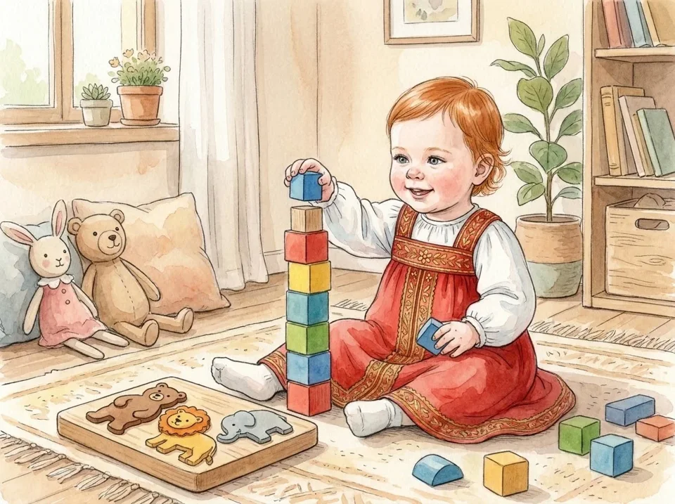 three year old child building colorful block tower and simple wooden puzzle