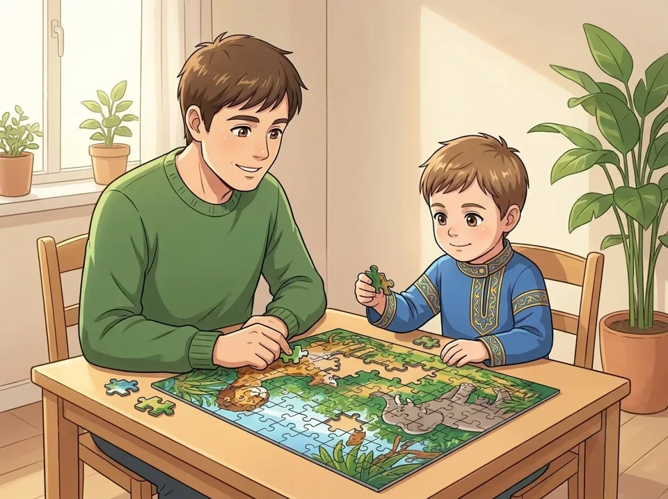 four year old child solving colorful jigsaw puzzle with parent at table