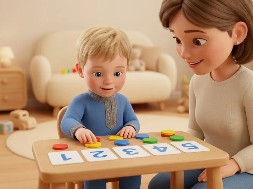five year old child doing preschool counting game with colorful counters and number cards