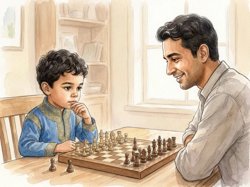 six year old child playing chess with parent wooden chessboard home