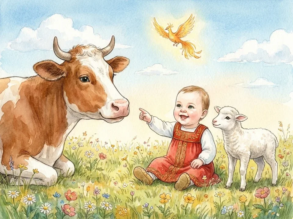 Страница развивашки для ребёнка 1 года: малыш на лугу с коровой и ягнёнком, звукоподражания