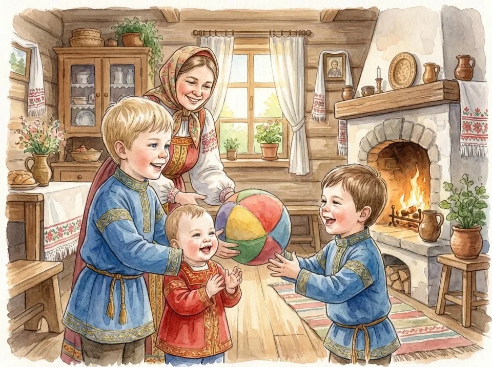 children of different ages playing colorful ball passing game with parent indoors