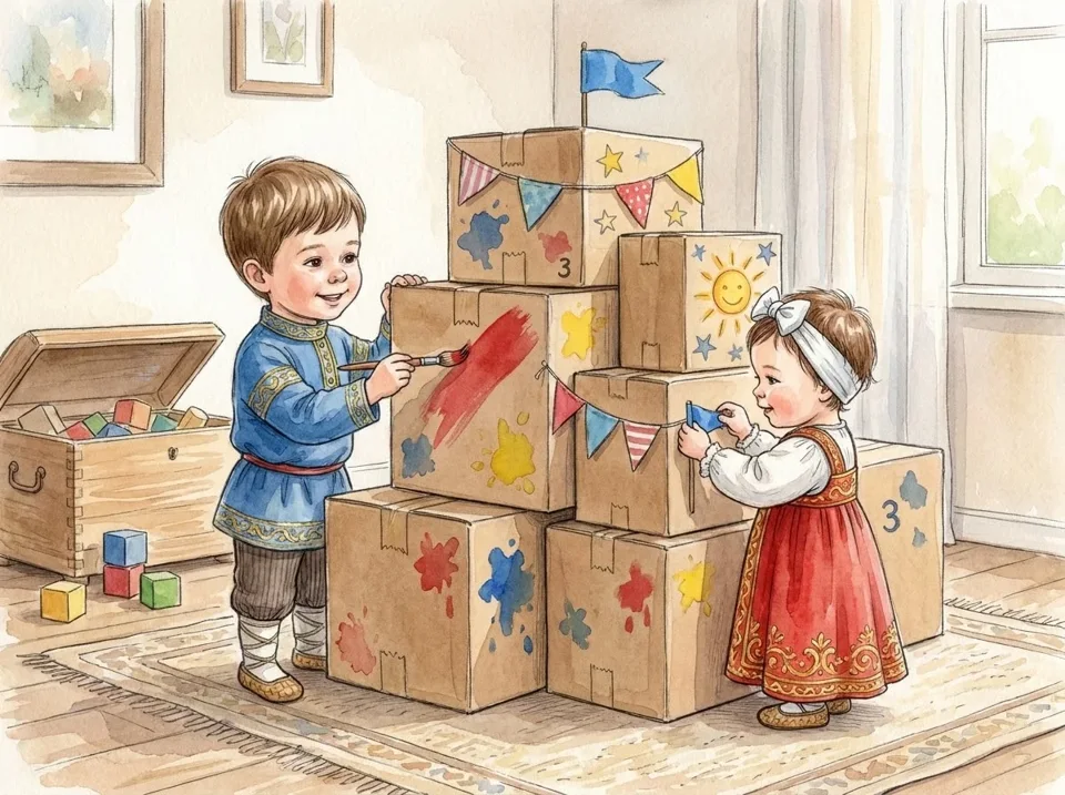 siblings building large colorful cardboard box fort together living room