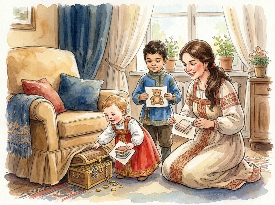 parent and young children playing indoor treasure hunt with picture clues toys