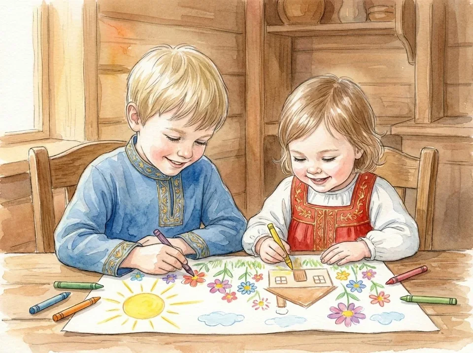 siblings drawing large colorful collaborative picture with crayons on paper at table