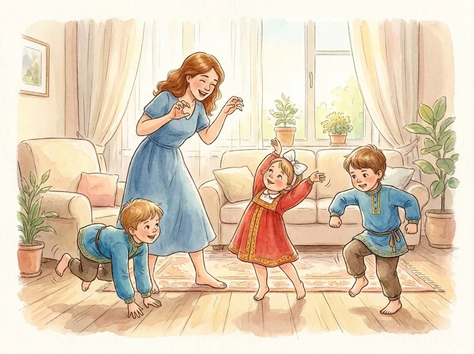 parent playing animal movement imitation game with preschool children indoors
