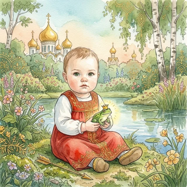 Царевна-лягушка: Анфиса в сказке, акварельная иллюстрация